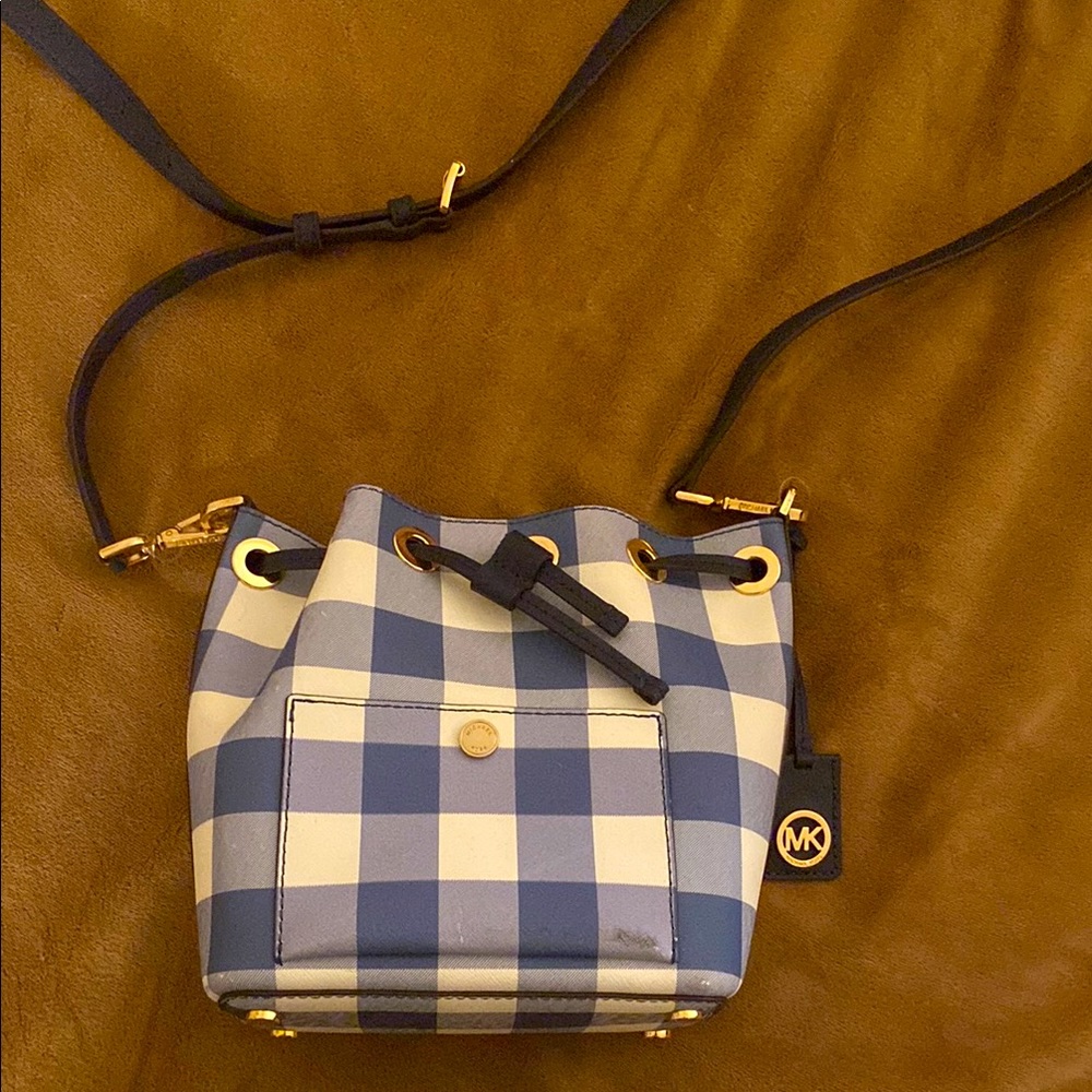 Michael Kors Small Gingham Bucket Bag White and Blue